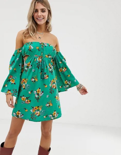 Платье с открытыми плечами и цветочным узором En Creme-Зеленый