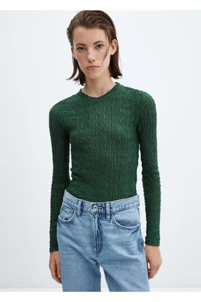 Футболка из трикотажа со сборками Mango, зеленый