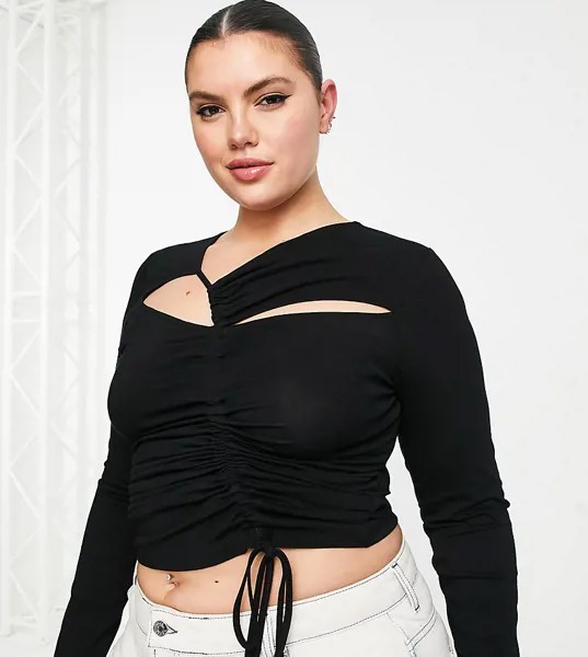 Черный лонгслив со сборками и вырезами ASOS DESIGN Curve