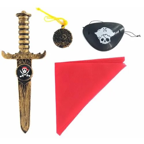 Набор пирата, 4 предмета: кинжал бронзовый, бандана, наглазник, медальон