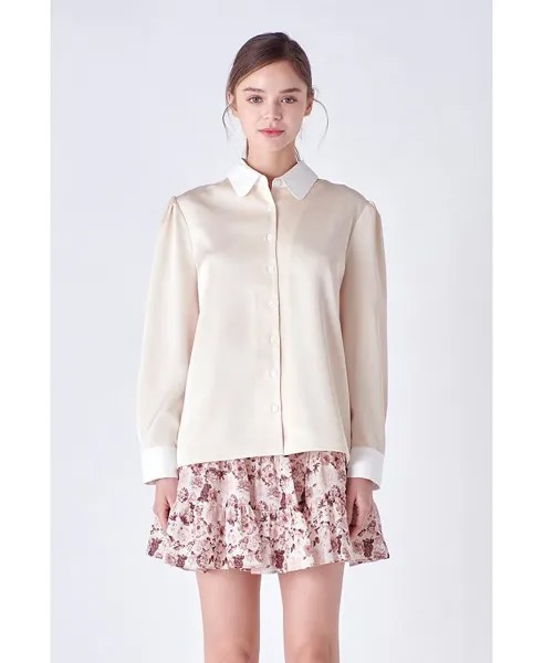 Женская шелковистая рубашка с комбинированным воротником из поплина English Factory, слоновая кость/кремовый