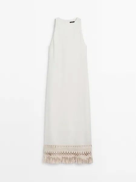 Длинное льняное платье с бахромой Massimo Dutti, бежевый