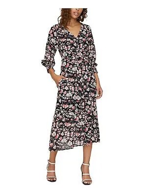 SANCTUARY Женское черное вечернее платье миди с присборенными манжетами и завязками на талии с цветочным принтом и V-образным вырезом 2
