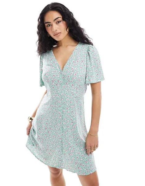 Vero Moda – Мини-платье мятно-зеленого цвета с цветочным принтом на пуговицах