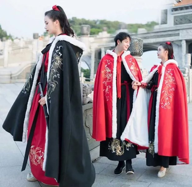 Накидка Hanfu для пар, Китайская традиционная зимняя плотная черная бархатная накидка, пальто, Рождественский костюм для мужчин/женщин