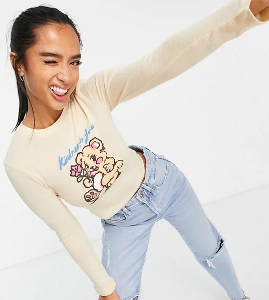 Бежевый лонгслив с принтом медведя и надписью Topshop Petite-Светло-бежевый цвет