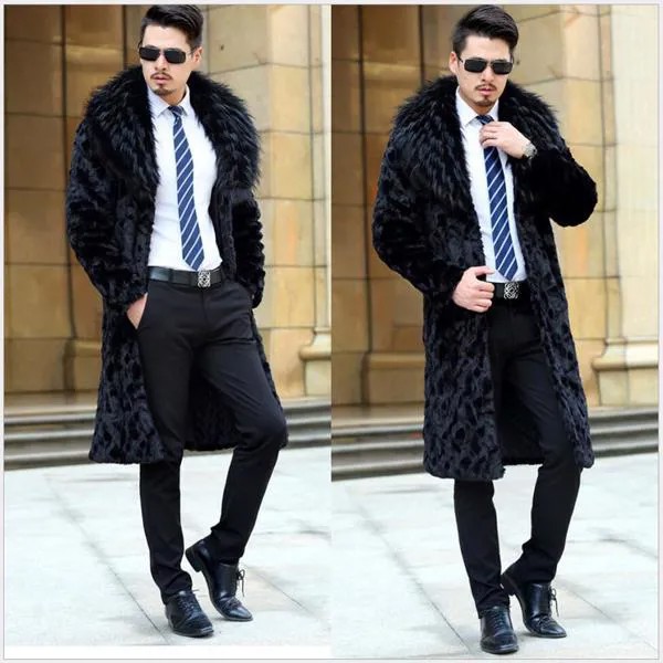 S-5xl, Мужское пальто с мехом, зимняя кожаная шуба из искусственной норки, длинное пальто с искусственным мехом, утолщенная теплая одежда больших размеров, костюмы для певиц
