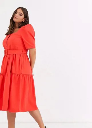 Джинсовое платье миди с пышными рукавами и поясом ASOS DESIGN Curve-Оранжевый