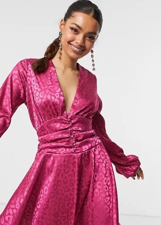 Розовое платье мини на пуговицах спереди с расклешенной юбкой, глубоким вырезом и леопардовым принтом John Zack Petite-Многоцветный