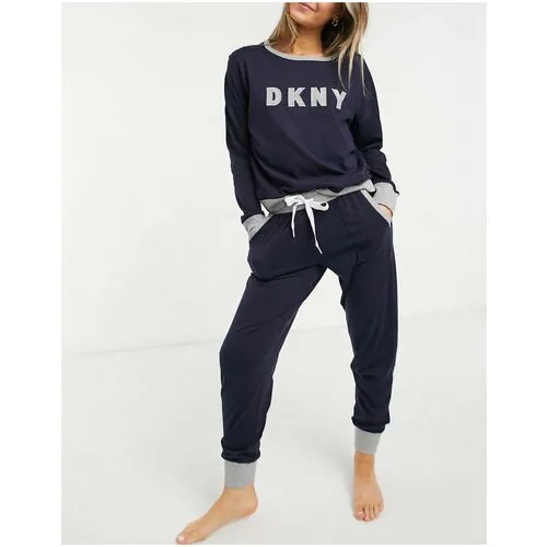 Пижама DKNY L синяя с серыми манжетами и лого на груди, лонг и джоггеры