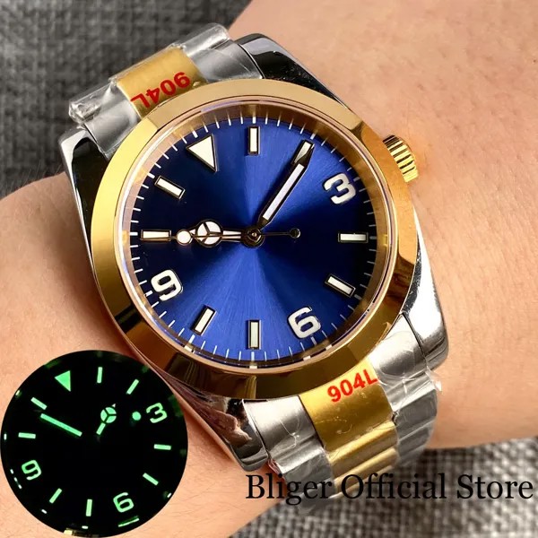 BLIGER 36 мм/39 мм NH35A синий циферблат золотые польские Мужские автоматические наручные часы светящиеся ручные Драгоценности PT5000 MIYOTA браслет-устрица