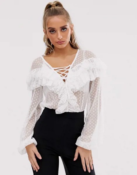 Боди из сетчатой ткани добби со шнуровкой ASOS DESIGN-Белый