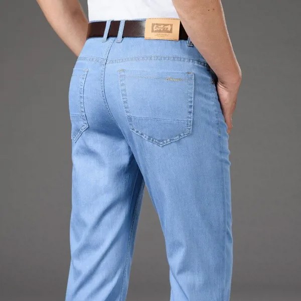Высокое качество Мужчины  S Tencel Тонкие джинсы Классическая мода Бизнес Повседневный Свободные прямые -ноги Джинсовые брюки Мужские стрейч Бренд Брюки