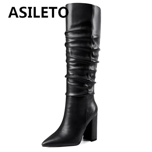 ASILETO дамские высокие сапоги 37 см с острым носком на массивном каблуке 10,5 см, плиссированные слипоны, однотонные женские ботинки 34-43, лаконичн...