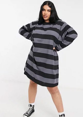 Платье-футболка в стиле oversized с длинными рукавами в черно-серую полоску ASOS DESIGN Curve-Серый