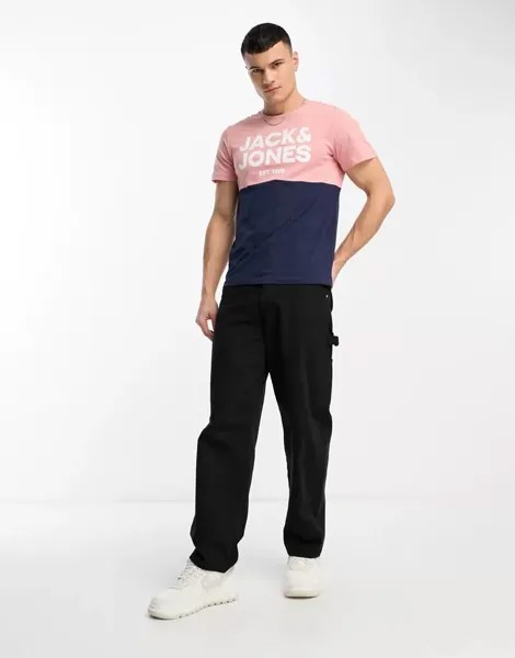 Розово-темно-синяя футболка в стиле колор-блок Jack & Jones