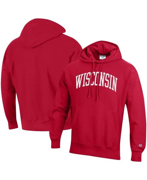 Мужской пуловер с капюшоном Red Wisconsin Badgers Team Arch обратного переплетения Champion