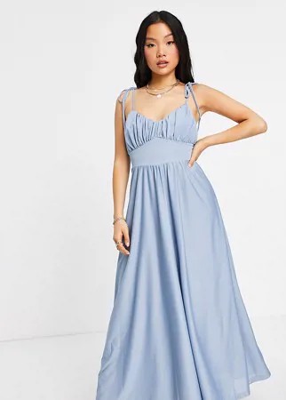 Серо-голубое платье макси с присборенным лифом и тонкими бретельками ASOS DESIGN Petite-Голубой