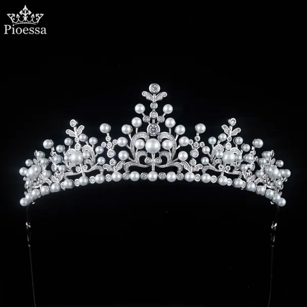 Pioessa Новый Модный Роскошный итальянский комплект с жемчужной короной; Циркон Тиара для волос в форме цветка короны и диадемы для Свадебные аксессуары для волос для женщин украшения