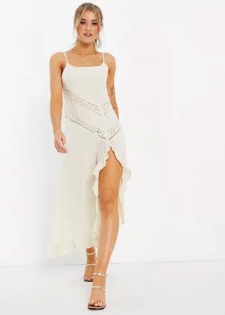 Кремовое платье-комбинация макси с разрезом спереди и кружевной отделкой Raga Golden Rays-Белый