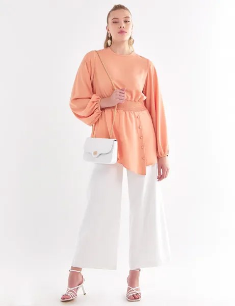 Блузка с круглым вырезом и эластичной резинкой на талии персикового цвета Kayra