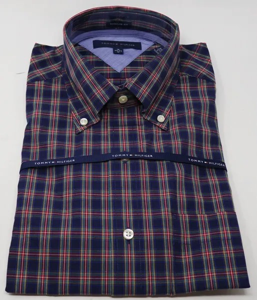 НОВАЯ мужская классическая рубашка на пуговицах в клетку темно-синего цвета Tommy Hilfiger, размер M или L