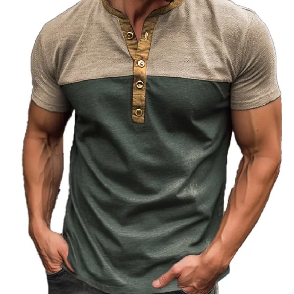 Мужская винтажная однотонная футболка с коротким рукавом и воротником Henley с вышивкой