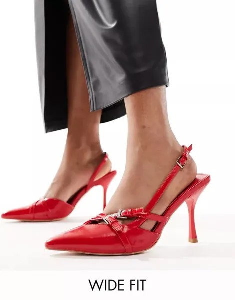 Красные гладкие туфли на каблуке Public Desire Wide Fit с ремешком спереди, широкая посадка