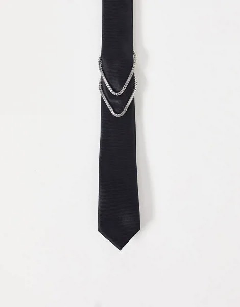 Черный узкий галстук с серебряной декоративной цепочкой ASOS DESIGN-Черный цвет