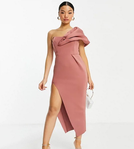 Платье миди розового цвета на одно плечо со швами на лифе и разрезом до бедра ASOS DESIGN Petite-Розовый цвет