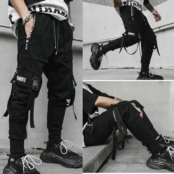 Хип-хоп Joggers Мужчины Черный Многокарманные ленты Человек Sweatpants Streetwear повседневные мужские брюки