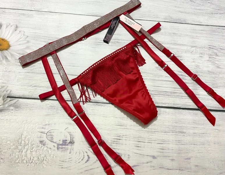 Victorias Secret очень сексуальный блестящий ремень со стразами и подвязками + стринги с бахромой, красный