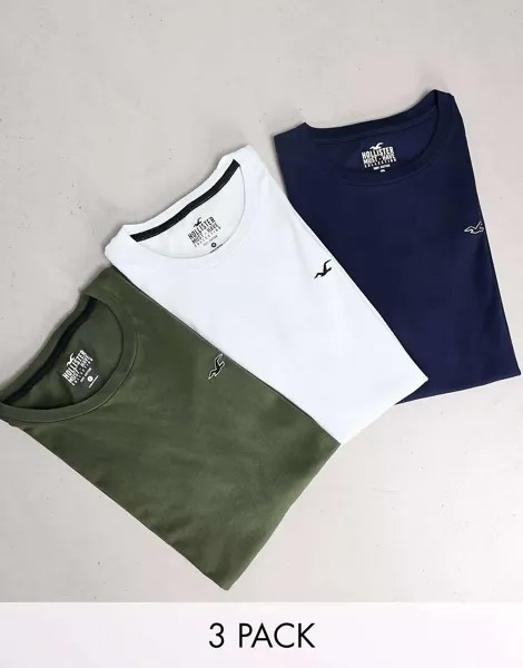 Три пары футболок с логотипом Hollister темно-синего/зеленого/синего цвета