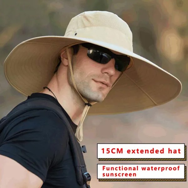 Шляпа рыболовная с широкими полями 15 см, однотонная Водонепроницаемая Панама от солнца, Пляжная шапка унисекс, лето