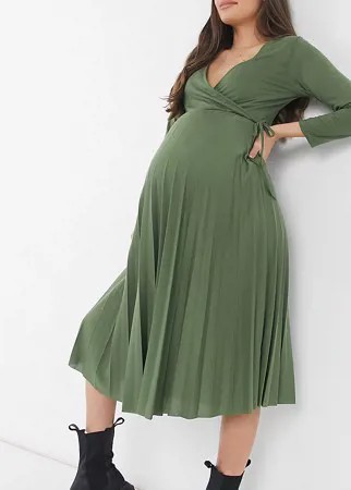 Плиссированное платье миди цвета хаки с запахом и длинными рукавами ASOS DESIGN Maternity-Зеленый цвет