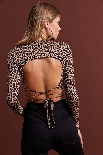 Женская укороченная блузка светло-коричневого цвета с открытой спиной и леопардовым узором LPP1131 Cool & Sexy, коричневый