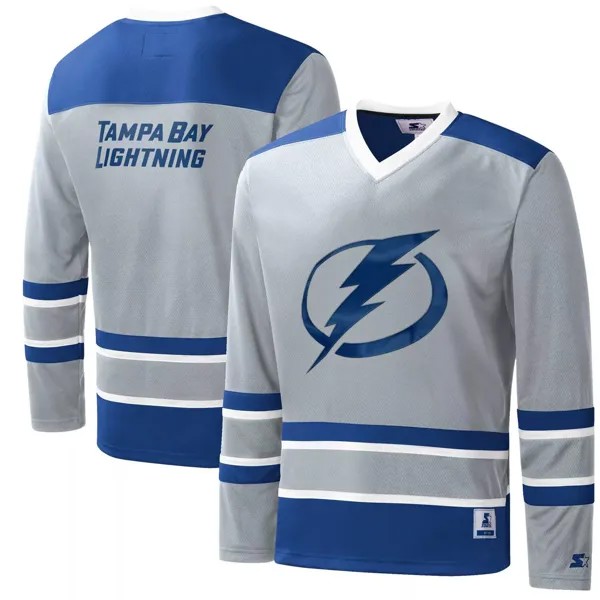 Мужская серая/синяя футболка Tampa Bay Lightning Cross Check из джерси с v-образным вырезом и длинными рукавами Starter