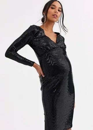Черное платье миди с длинными рукавами и блестящими пайетками Flounce London Maternity-Черный