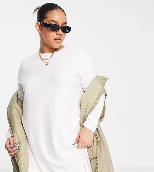 Белое свободное платье мини из очень мягкой ткани с длинными рукавами ASOS DESIGN Curve-Белый