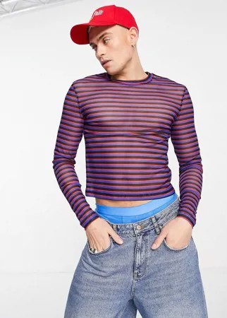 Облегающий сетчатый укороченный лонгслив с принтом в полоску ASOS DESIGN-Разноцветный