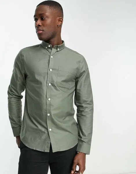 Элегантная оксфордская рубашка с длинными рукавами New Look цвета хаки
