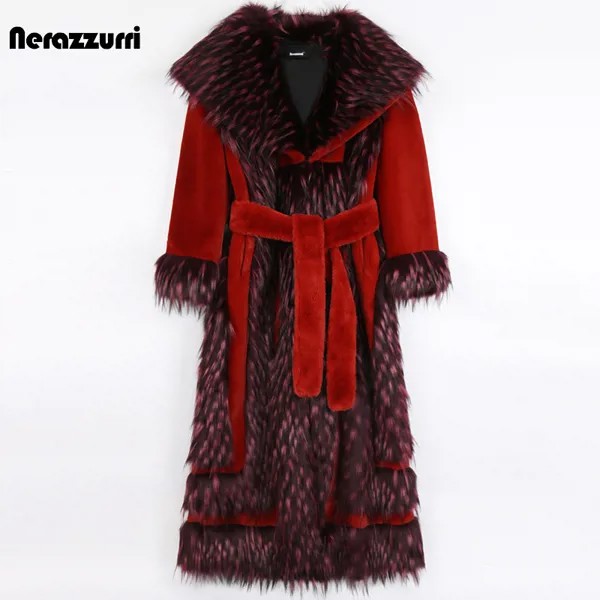 Nerazzurri Высокое качество зимнее длинное толстое теплое пушистое пальто из искусственного меха в стиле пэчворк для женщин с отделкой из лисье...