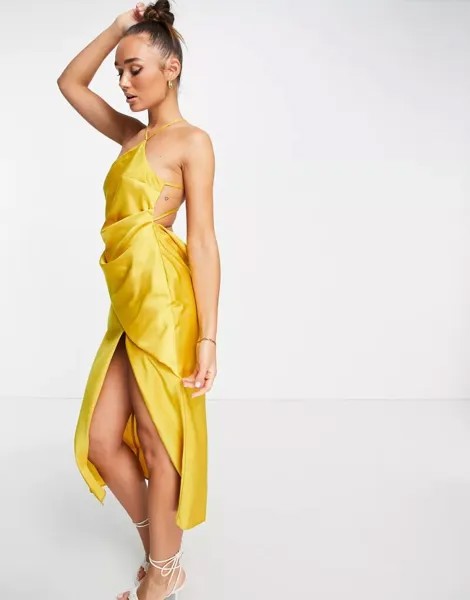 Атласное платье миди на одно плечо с драпировкой на лифе ASOS