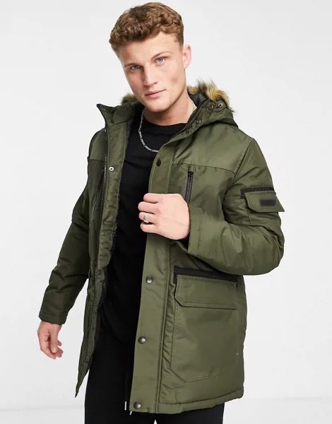 Парка цвета хаки с искусственным мехом на капюшоне Jack & Jones Essentials-Зеленый цвет