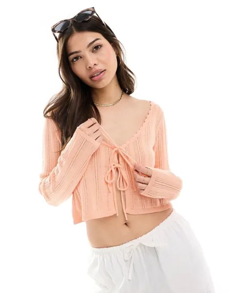 Персиковый укороченный кардиган с завязками спереди ASOS