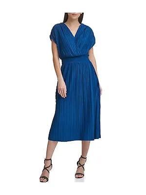 DKNY Женское синее вечернее платье миди из джерси с короткими рукавами и завышенной талией 10