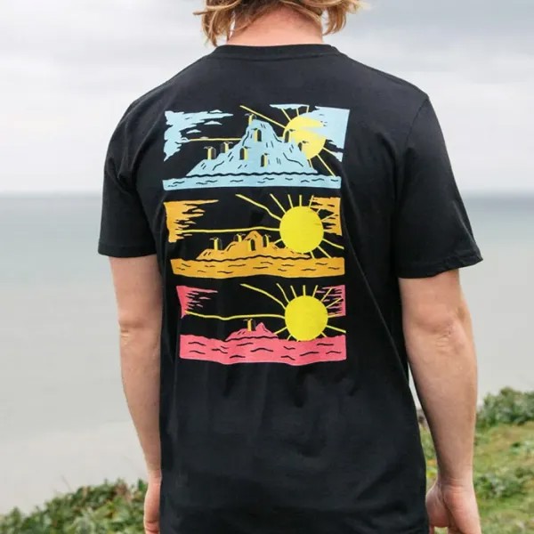 Мужская футболка на открытом воздухе Винтаж Печать с коротким рукавом Повседневная футболка Черный