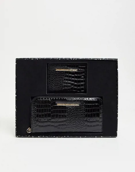 Черные кошелек и кредитница с имитацией под кожу крокодила и фирменной отделкой French Connection-Черный цвет