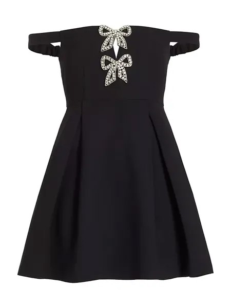 Мини-платье из крепа с открытыми плечами и бантиком Diamanté Self-Portrait, черный