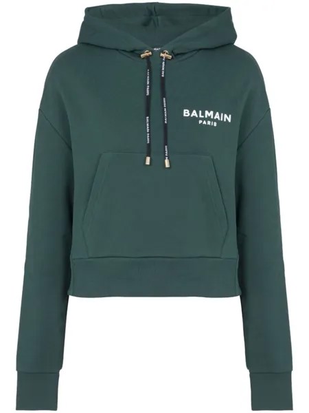 Balmain укороченное худи с логотипом, зеленый